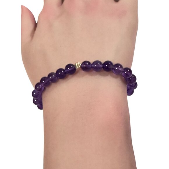 Natural Gemstones Amethyst 6mm Stretchable Bracelet 14k Gold Corrugated Bead - Picture 6 of 6
